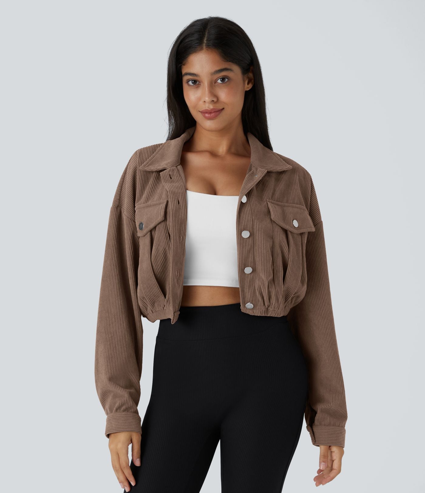 Veste Casual en Velours Côtelé à Boutons Poches Col Court