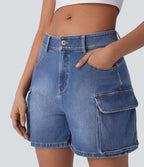 Short cargo décontracté en denim extensible délavé avec poches multiples et taille basse Halara Flex™