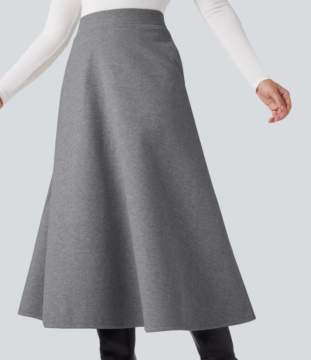 Jupe mi-longue évasée polaire taille haute avec poches
