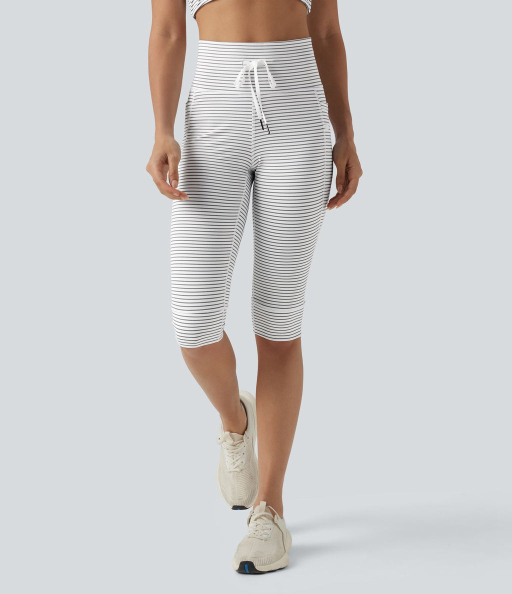 Legging 3/4 de yoga taille haute à rayures avec cordon de serrage et poches