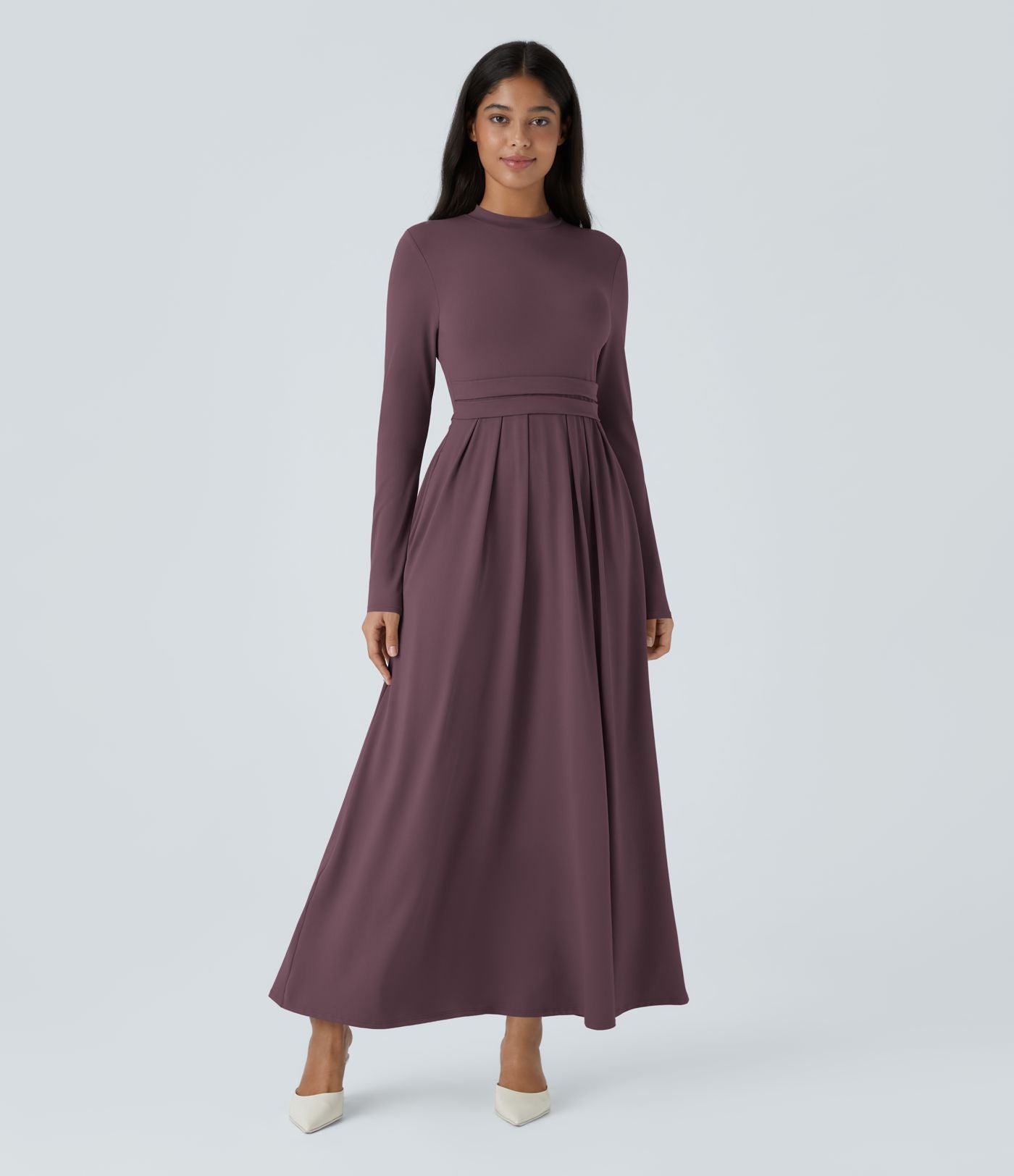 Robe longue décontractée à col montant, manches longues, plissée, avec poches latérales et coupe évasée