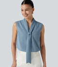 Blouse  sans manches esprit bureau défroissage facile, col V et lien à nouer