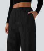 Pantalon large décontracté côtelé taille haute avec poches multiples