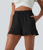 Short ample vacances taille haute cordon de serrage ourlet à volants aspect lin avec poches