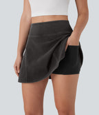 Mini-jupe décontractée Halara Flex™ évasée 2-en-1 taille haute en denim stretch lavé avec poches