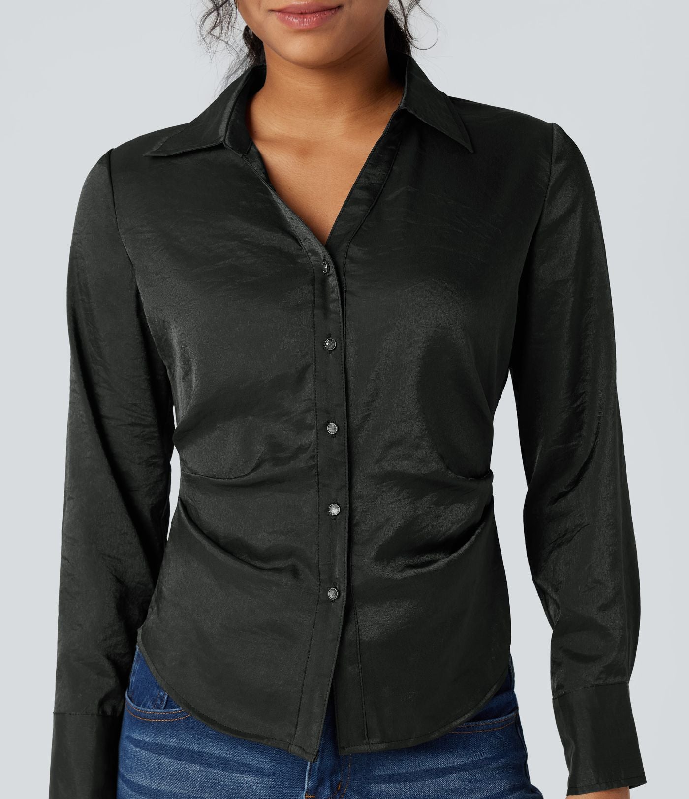 Chemise décontractée ajustée col V manches longues ourlet arrondi