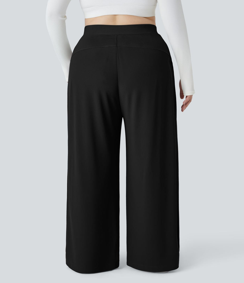 Pantalon de travail grande taille Halara Flex™ à taille haute sculptante et amincissante, poches latérales, jambes larges et tissu micro-gaufré