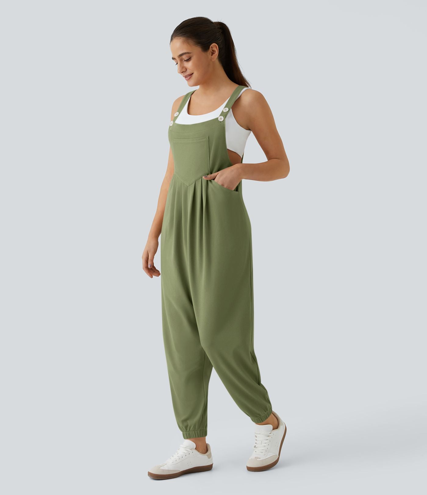Salopette Casual Bretelles Ajustables Boutonnés Multiples Poches Plis et Tissu Gaufré