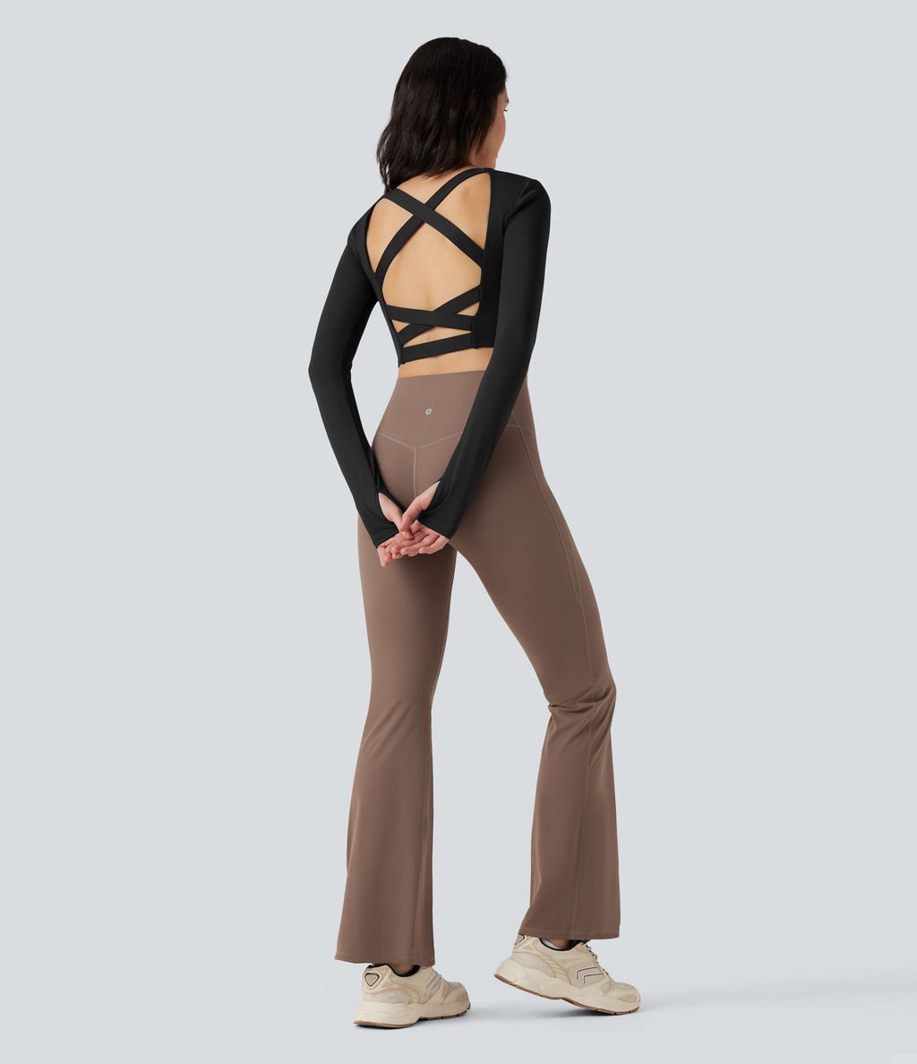 Haut de sport yoga court SoftlyZero™ Airy dos nu croisé col carré effet frais InstantCool manches longues avec passe-pouces, protection solaire UPF50+