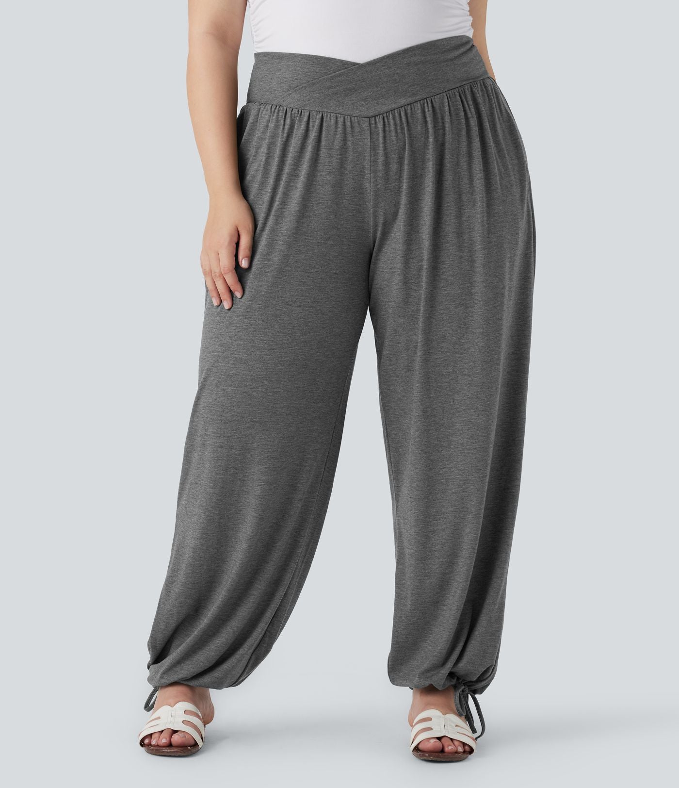 Jogging décontracté grande taille taille haute croisé à cordon avec poches latérales