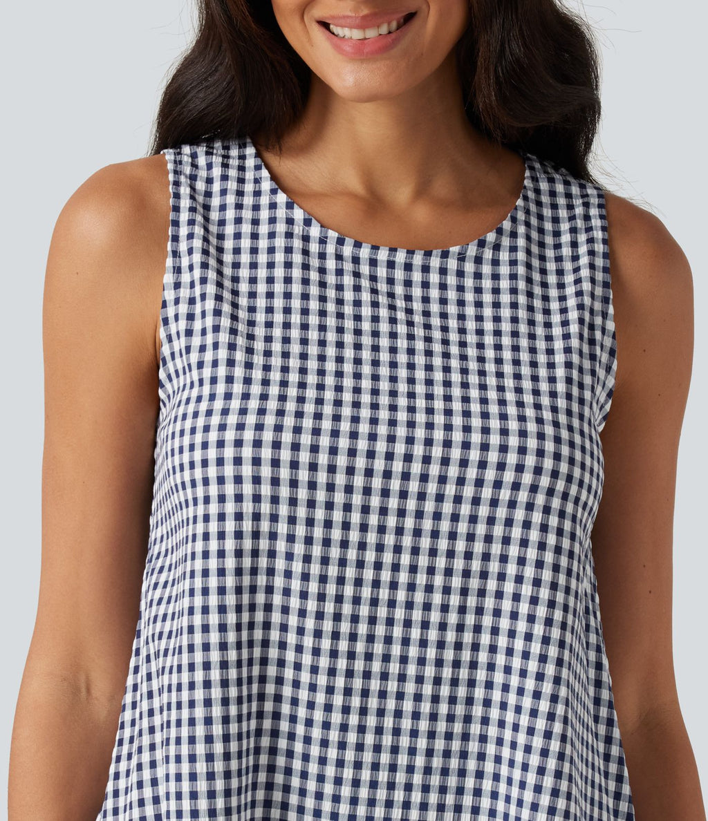 Robe débardeur mini décontractée col rond sans manches en vichy froissé avec poches