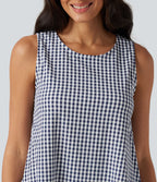 Robe débardeur mini décontractée col rond sans manches en vichy froissé avec poches