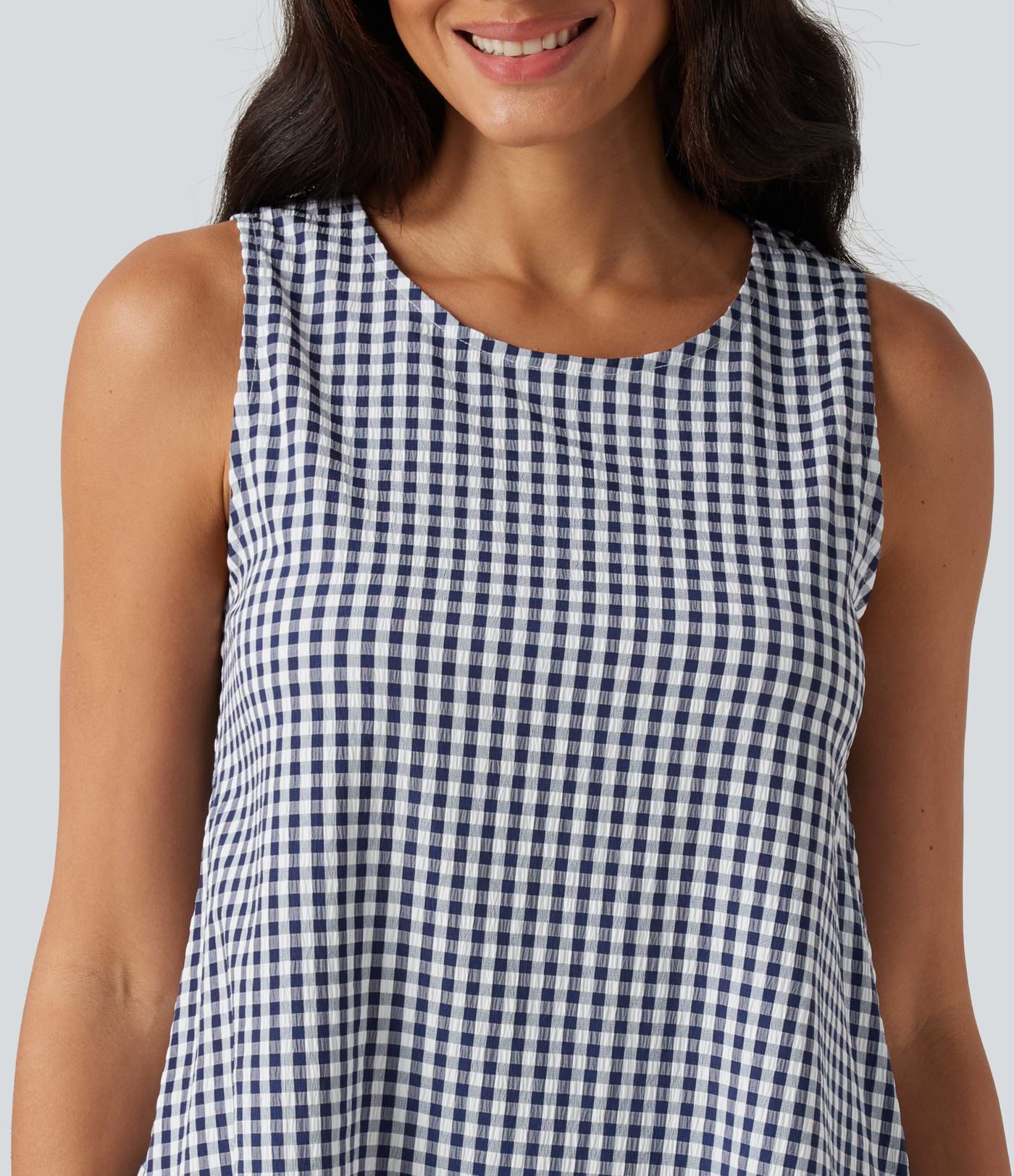 Robe débardeur mini décontractée col rond sans manches en vichy froissé avec poches
