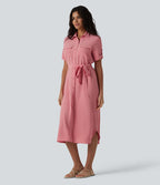 Robe-chemise midi casual à manches courtes aspect lin, ceinturée et avec poches