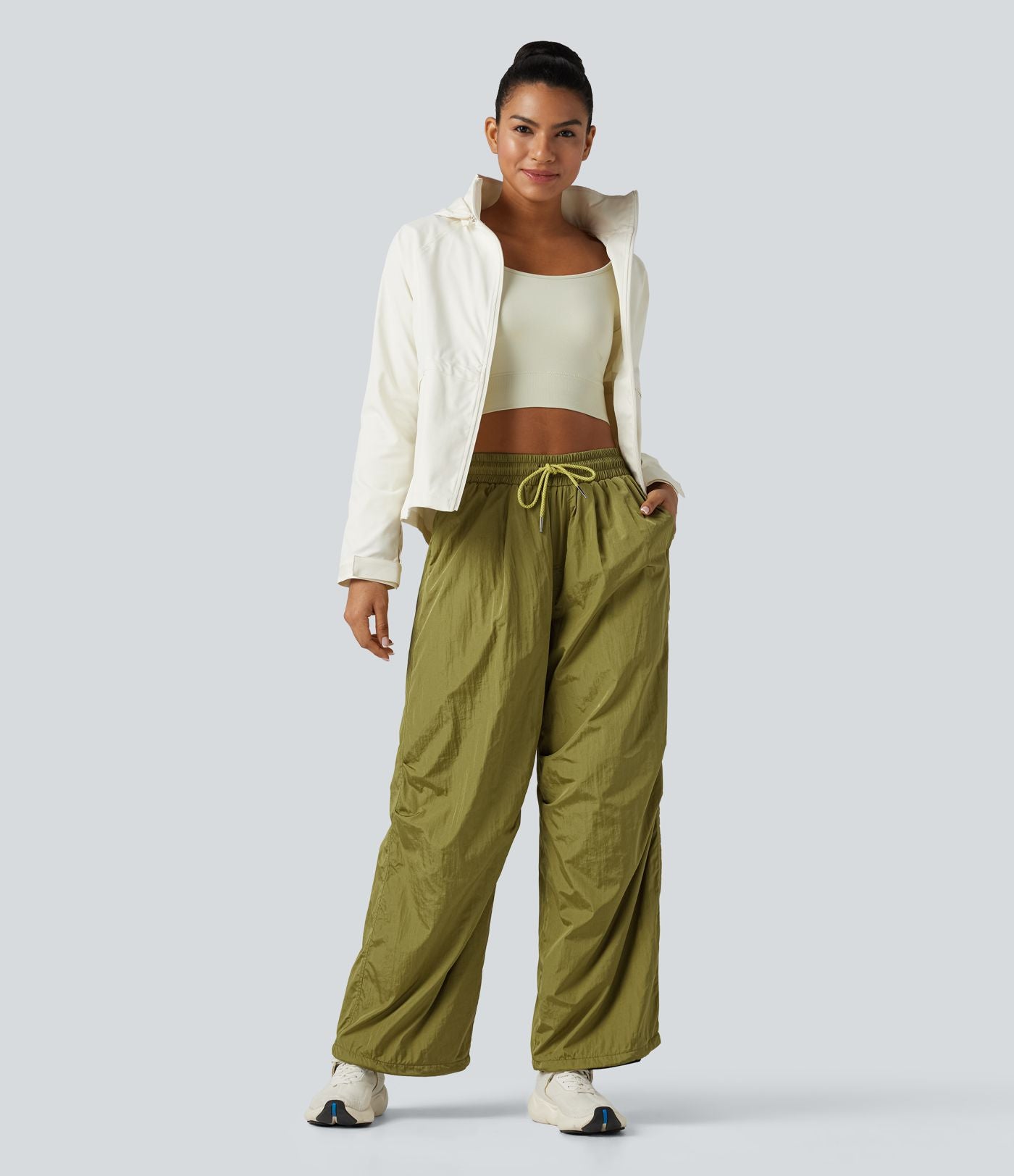 Pantalon cargo ample de randonnée taille haute avec cordon de serrage, fronces et poches