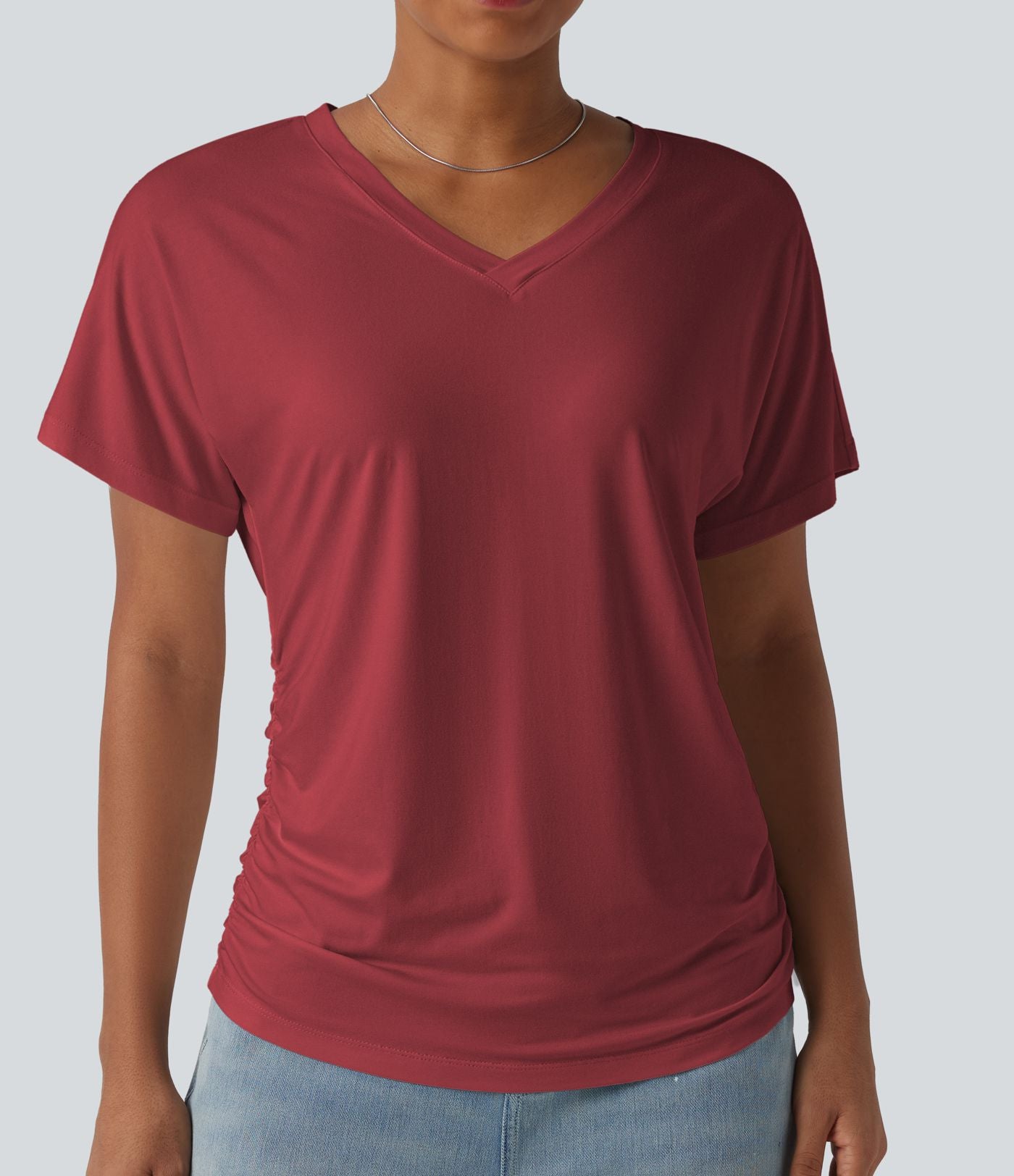 T-shirt décontracté uni à manches courtes, col V et fronces