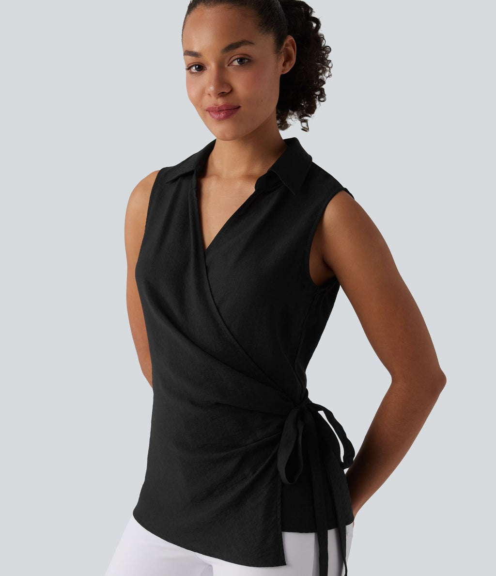 Chemise de travail sans manches col V cache-cœur avec lien latéral
