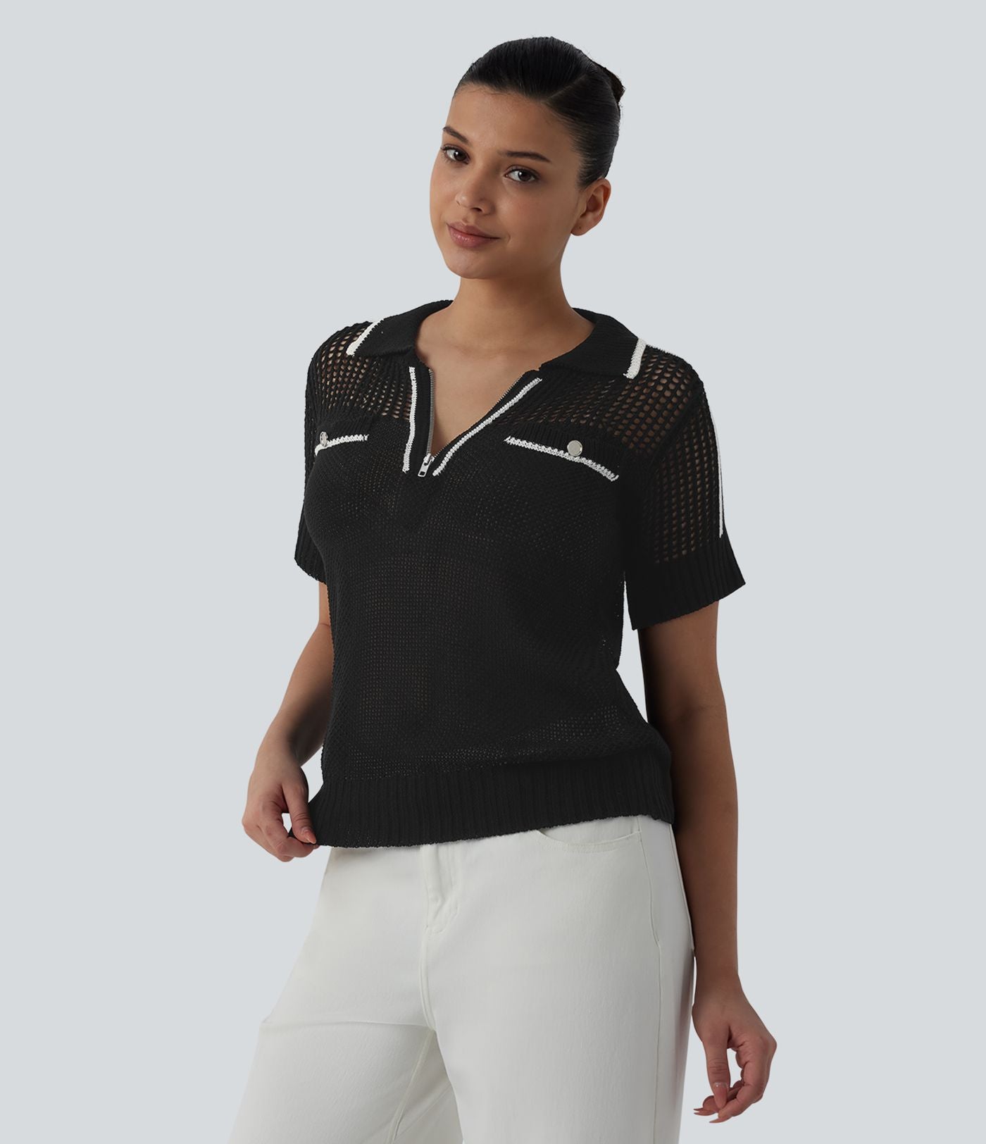 Pull casual manches courtes demi-zip découpes color block
