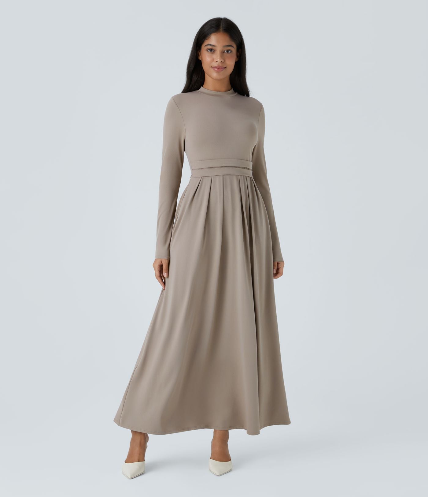 Robe longue décontractée à col montant, manches longues, plissée, avec poches latérales et coupe évasée