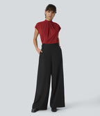Blouse de Travail à Col Montant Plissée avec Boutons dans le Dos et Manches Courtes