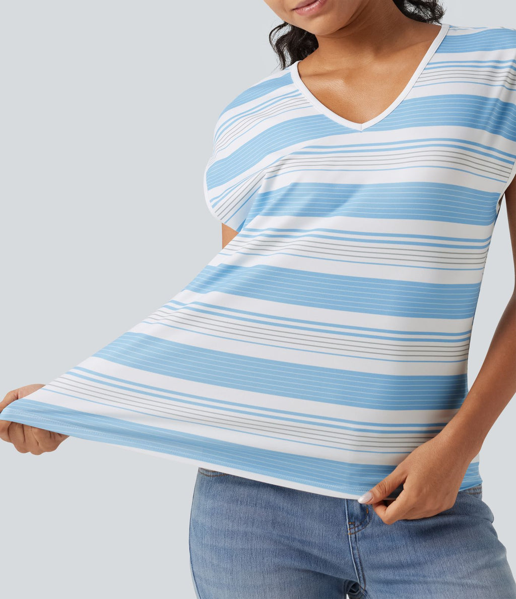 T-shirt décontracté à rayures, col en V et manches courtes