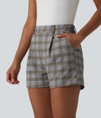 Short tailleur droit à carreaux taille haute avec poches
