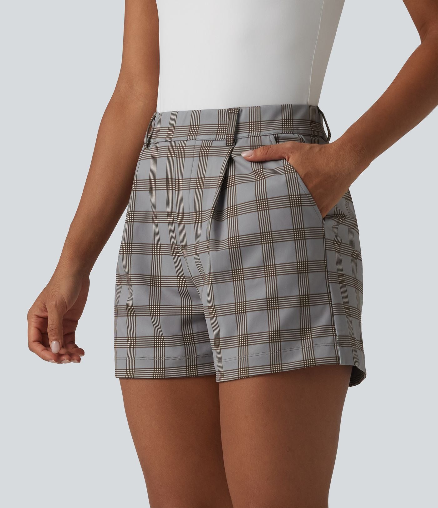 Short tailleur droit à carreaux taille haute avec poches