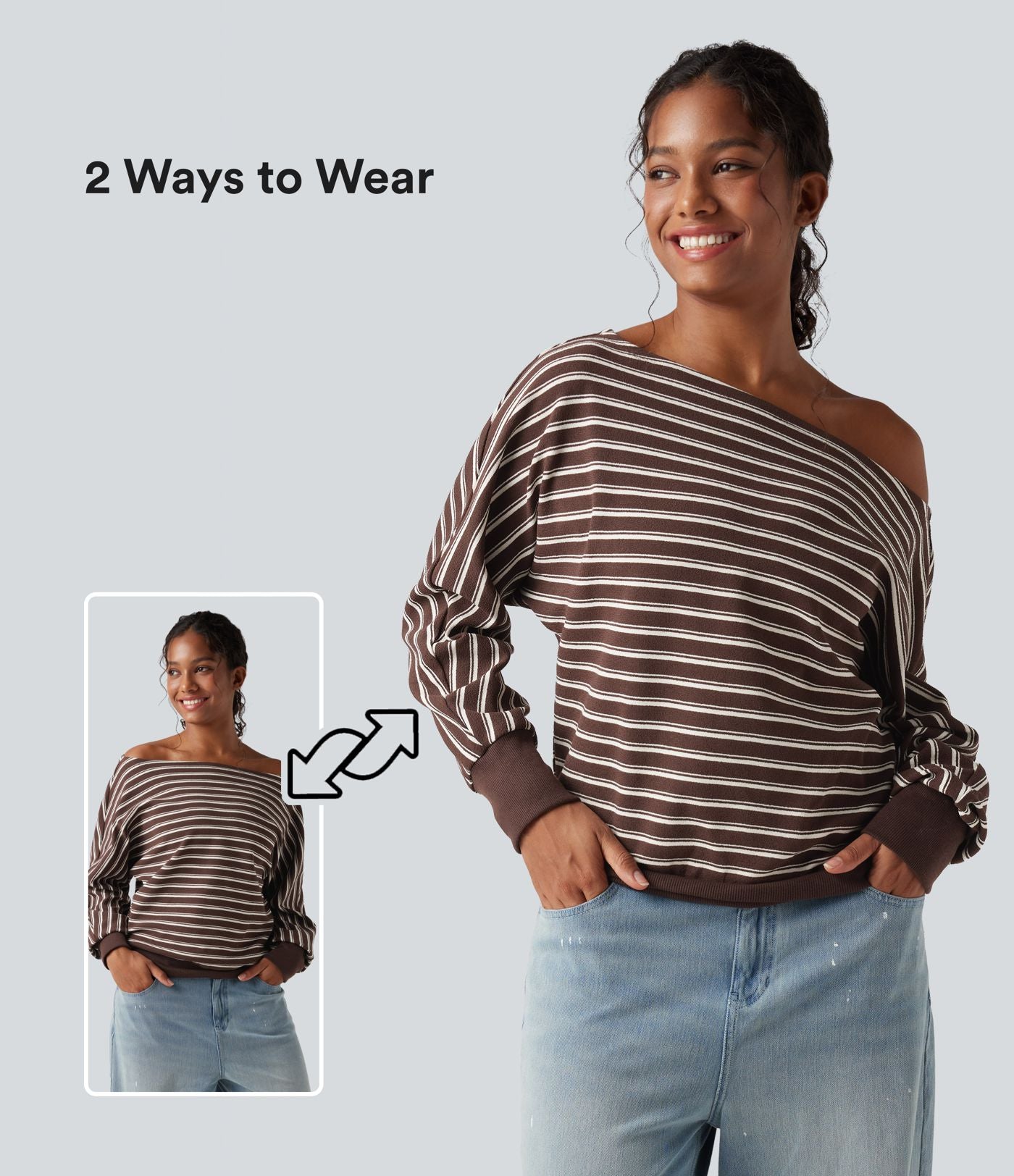 Sweat-shirt rayé épaules dénudées manches longues coupe décontractée