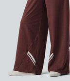 Pantalon large décontracté color block taille haute avec cordon de serrage et poches