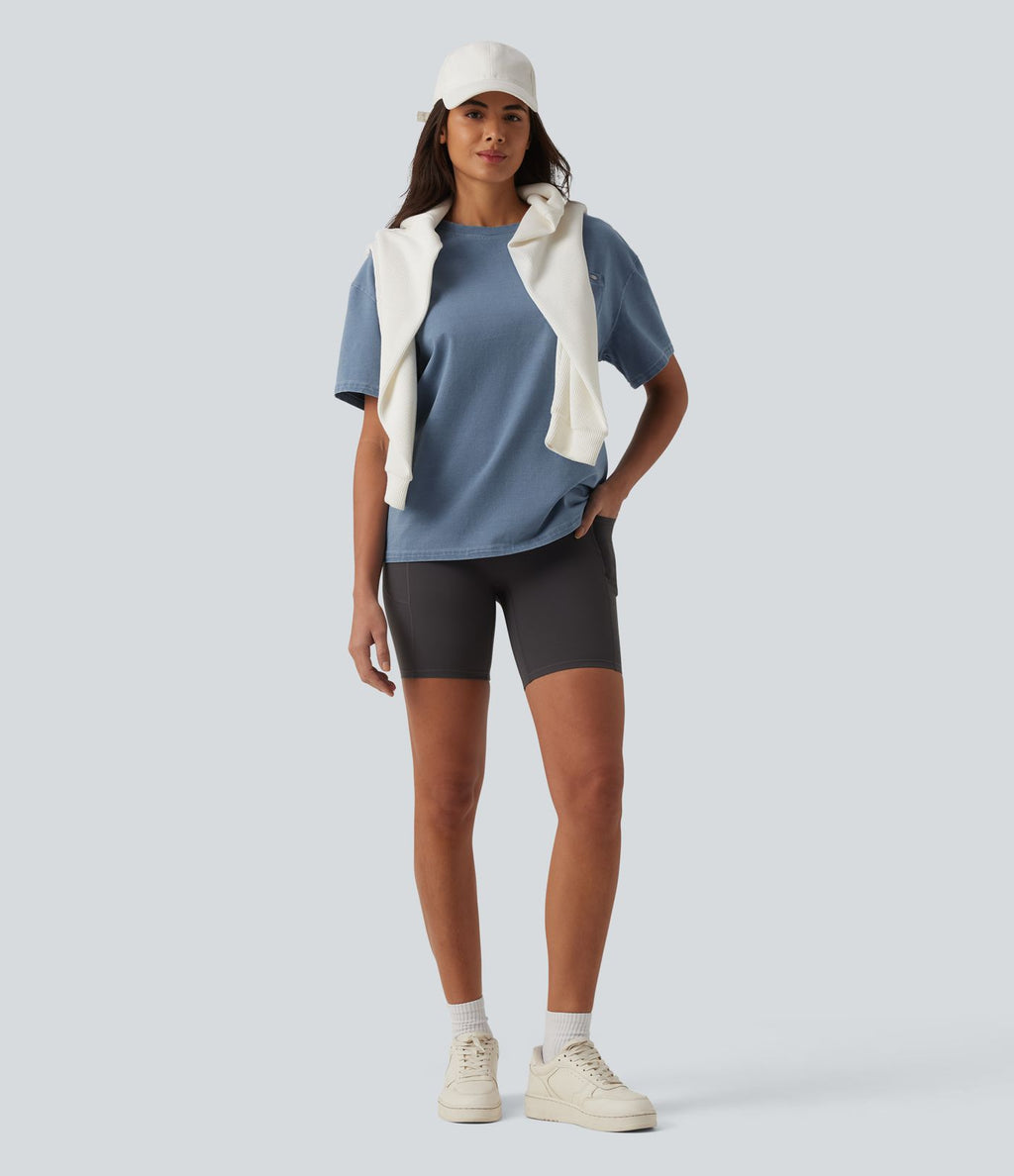 Halara Flex™ T-shirt en denim col rond manches courtes avec poche