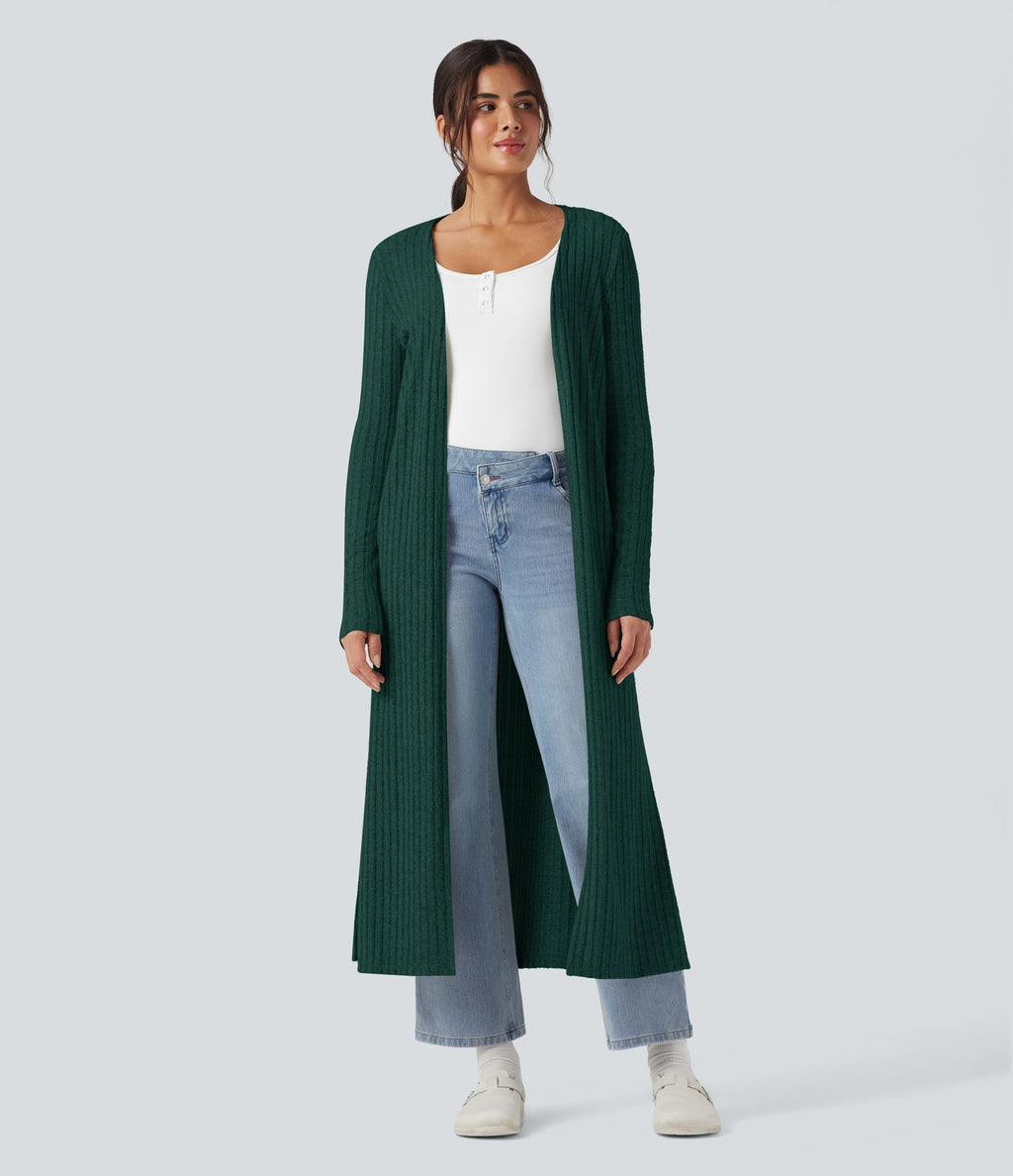 Manteau long décontracté maille côtelée manches longues avec fente