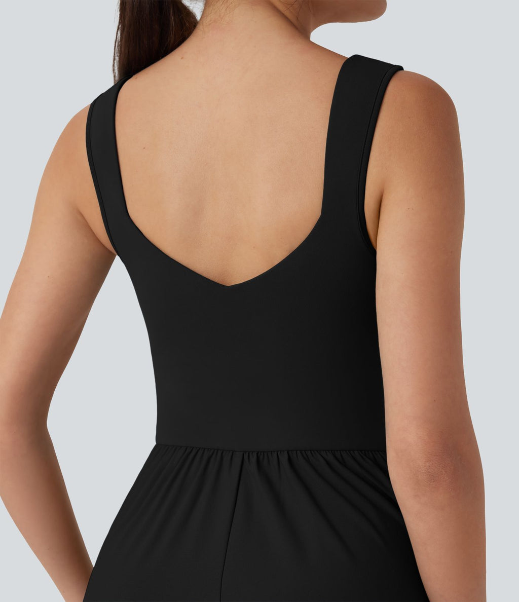 Robe maxi fluide dos nu, avec brassière intégrée et poches
