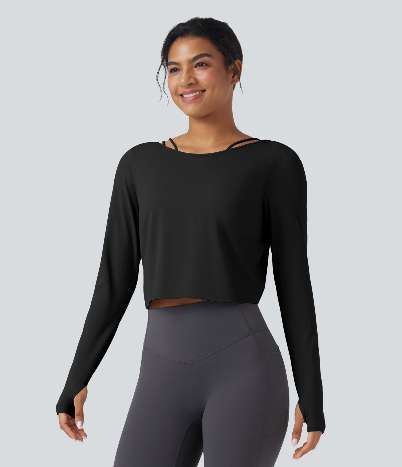 Top de sport yoga SoftlyZero™ QuickDry 2-en-1 dos nu torsadé manches longues avec trous pouces