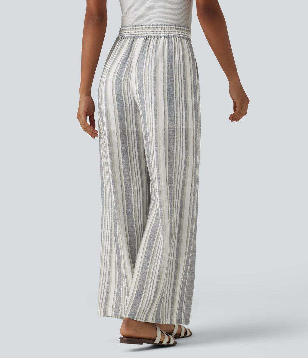 Pantalon casual large rayé taille haute avec poches