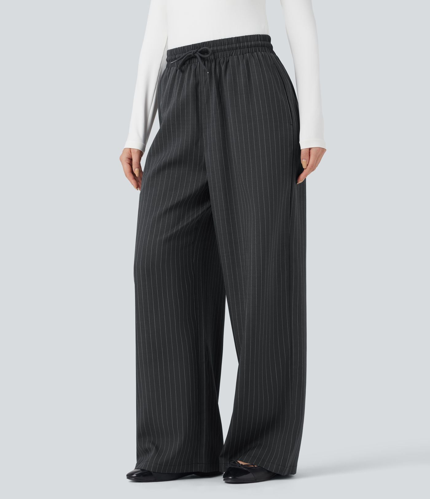 Pantalon décontracté large rayé taille haute avec cordon et poches