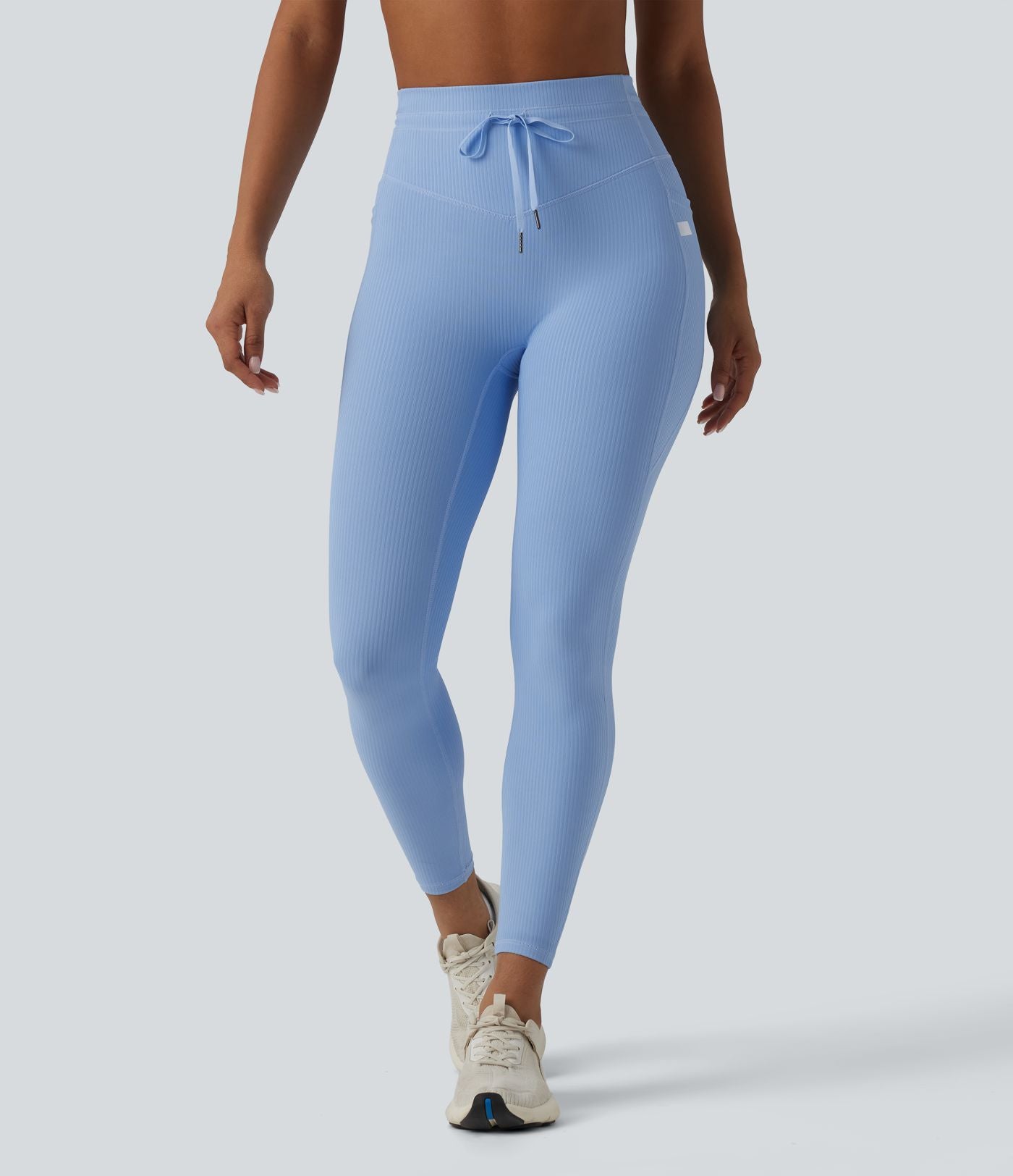 Legging de sport maille côtelée gainant à séchage rapide taille haute avec cordon de serrage et poches - UPF50+