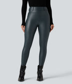 Pantalon polaire simili cuir extensible taille haute avec poches