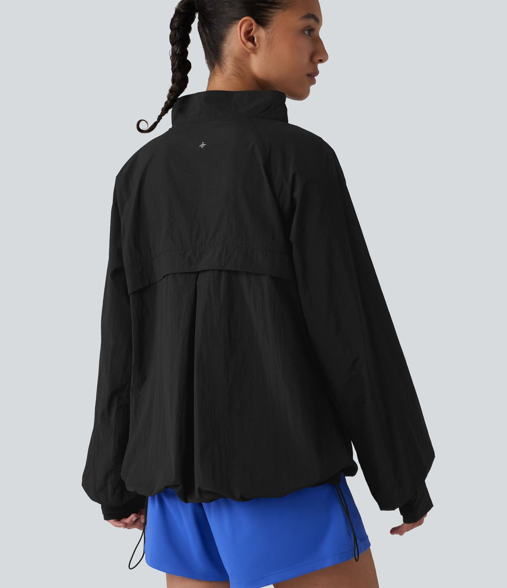 Coupe-vent casual à col droit avec trou pouces, cordon de serrage et poches