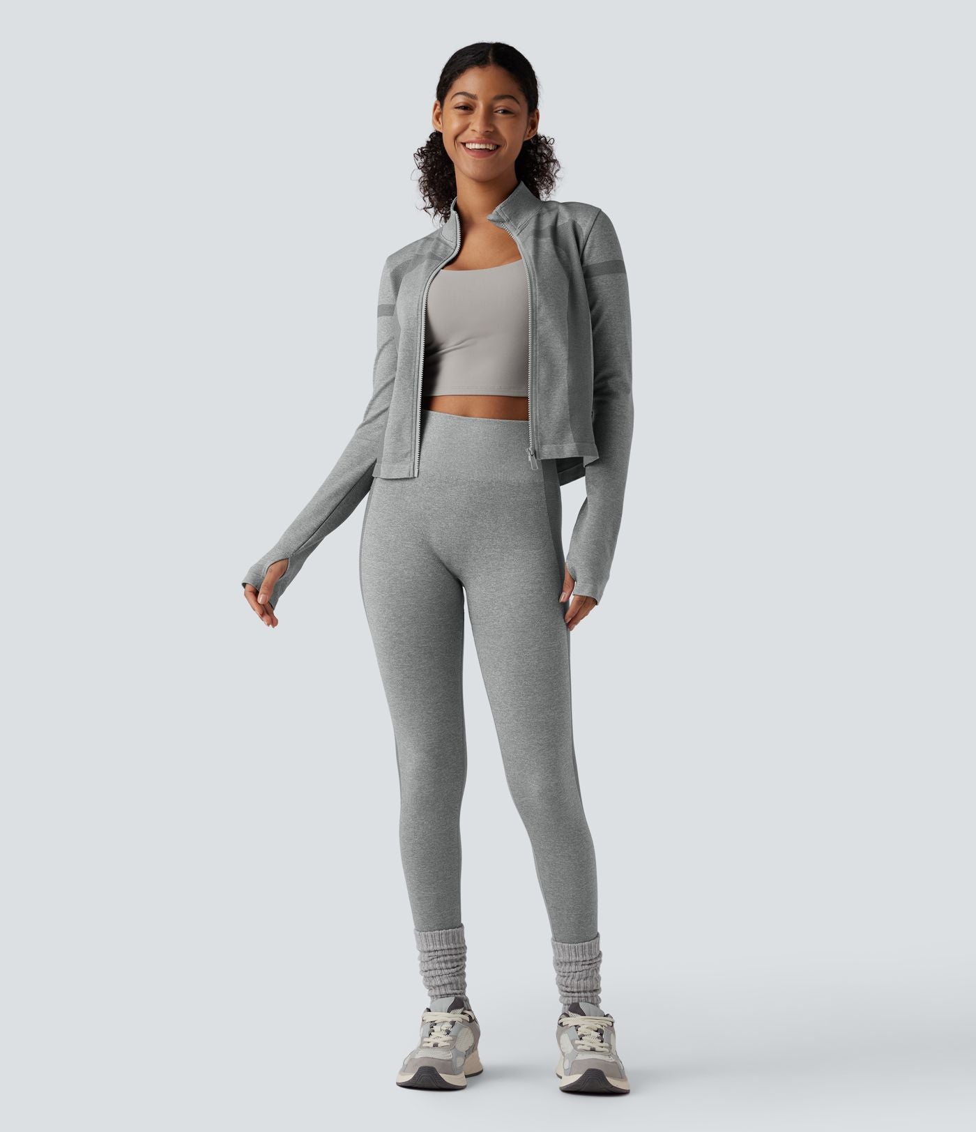 Veste de yoga chaude OneForm Seamless Flow col montant zippée à manches longues avec passage de pouce