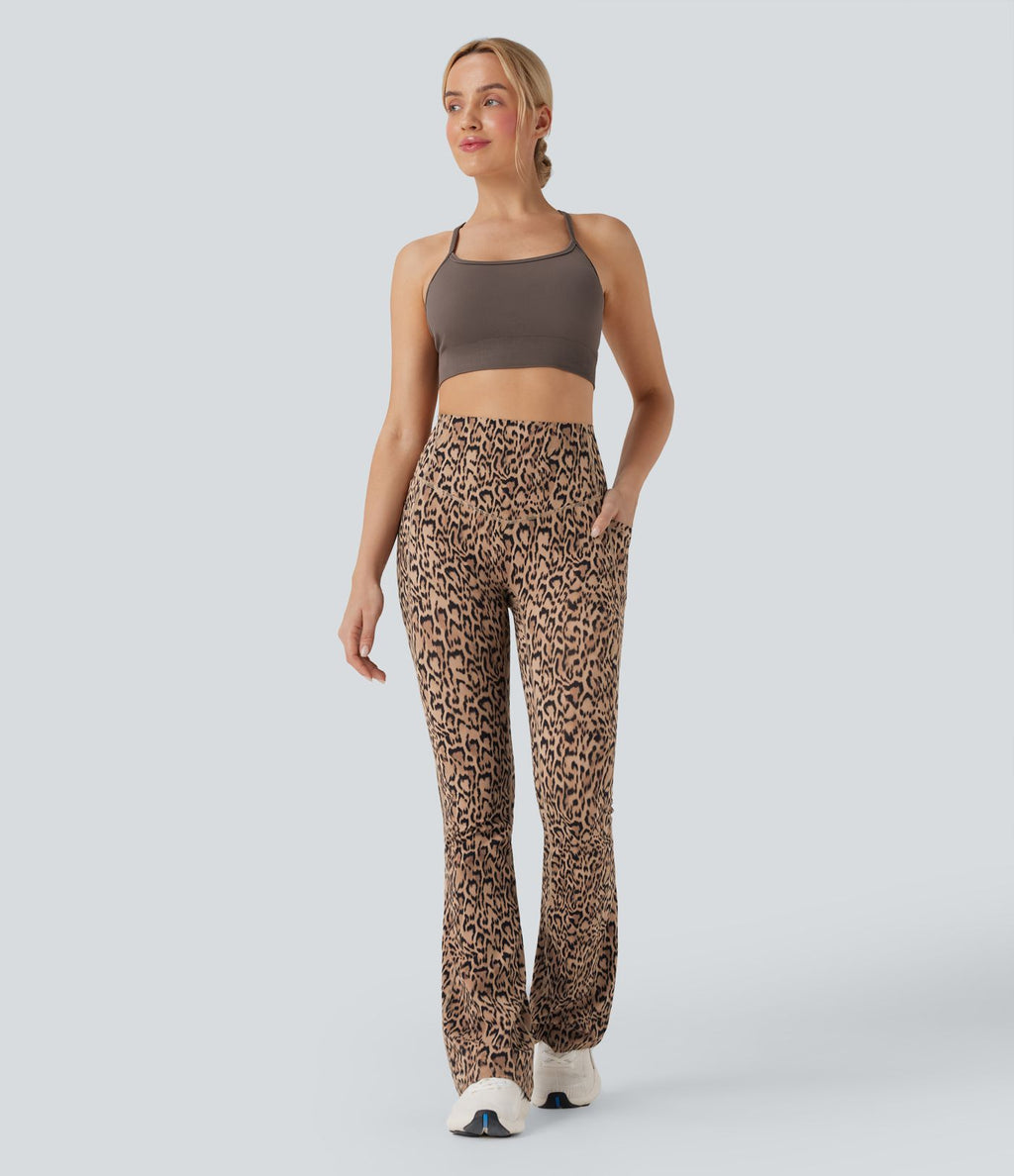 Pantalon de yoga à coupe bootcut gainant taille haute imprimé léopard avec poches Halara UltraSculpt™