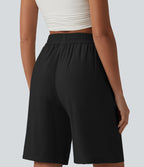 Short décontracté taille haute en lin mélangé avec cordon de serrage et poches, 25 cm