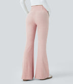 Pantalon Taille Haute Casual Évasés en Tricot Côtelé avec Poches Latérales et Croisé