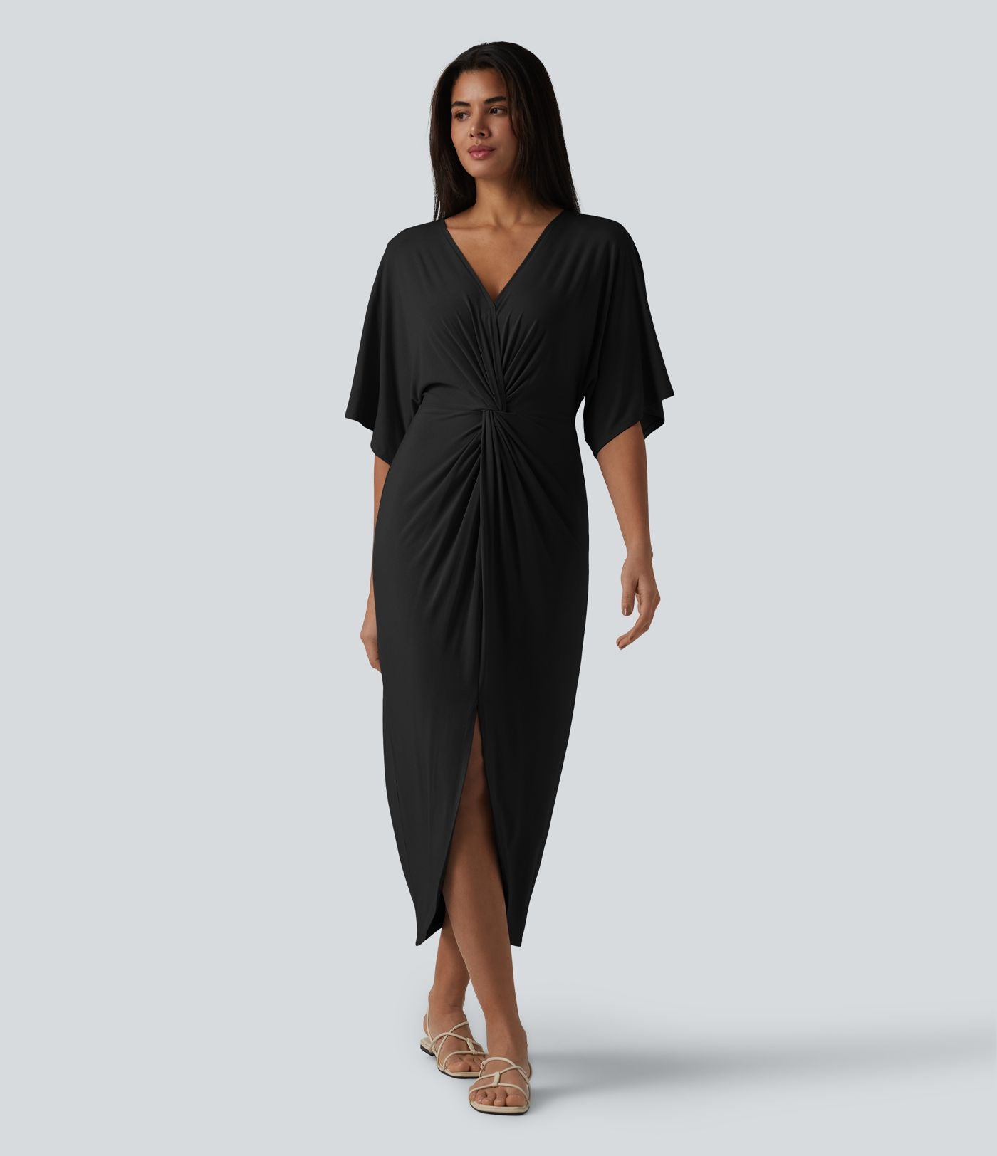 Robe midi col V manches chauve-souris ourlet tulipe torsadé