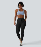 Legging de sport maille côtelée gainant à séchage rapide taille haute avec cordon de serrage et poches - UPF50+