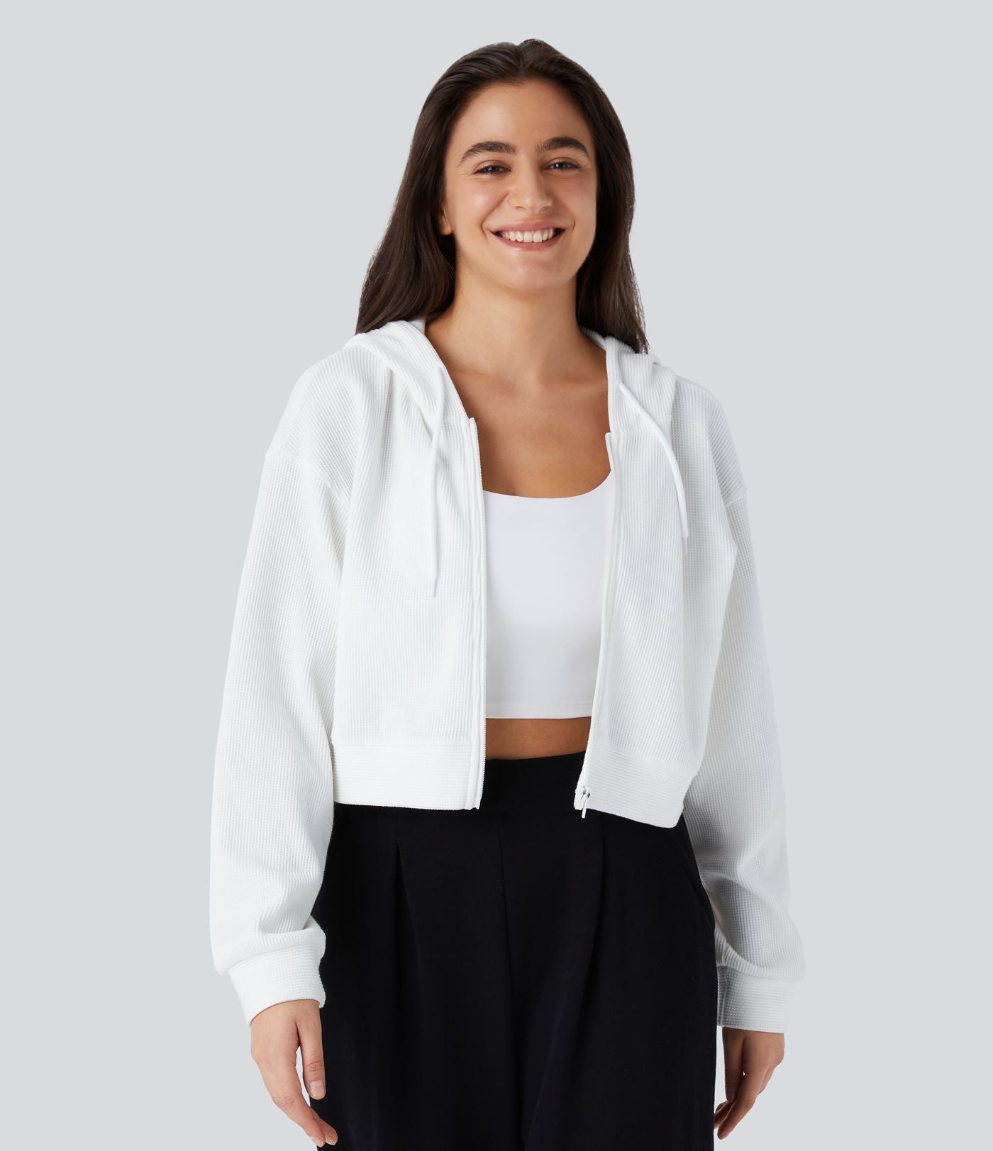Sweatshirt en Coton Casual à Manches Longues avec Cordon de Serrage et Zipper Style Waffle
