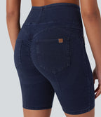 Short casual denim Halara Flex™ tricot extensible taille haute effet push-up froncé avec poches
