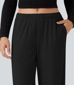 Pantalon large côtelé taille basse pliable avec cordon de serrage et poches