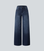 Halara Flex™ Jean Large Casual Taille Basse avec Boutons Zip Multiples Poches Lavés Élastiques et Tricotés