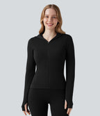 Veste yoga en maille gaufrée à capuche zippée à manches longues avec passants pouces sans couture OneForm Seamless Flow avec poches
