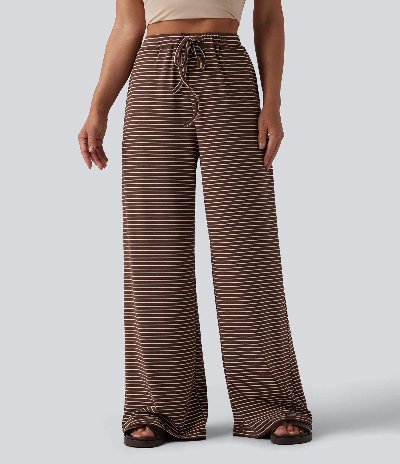 Pantalon large décontracté à rayures et taille haute avec cordon de serrage et poches